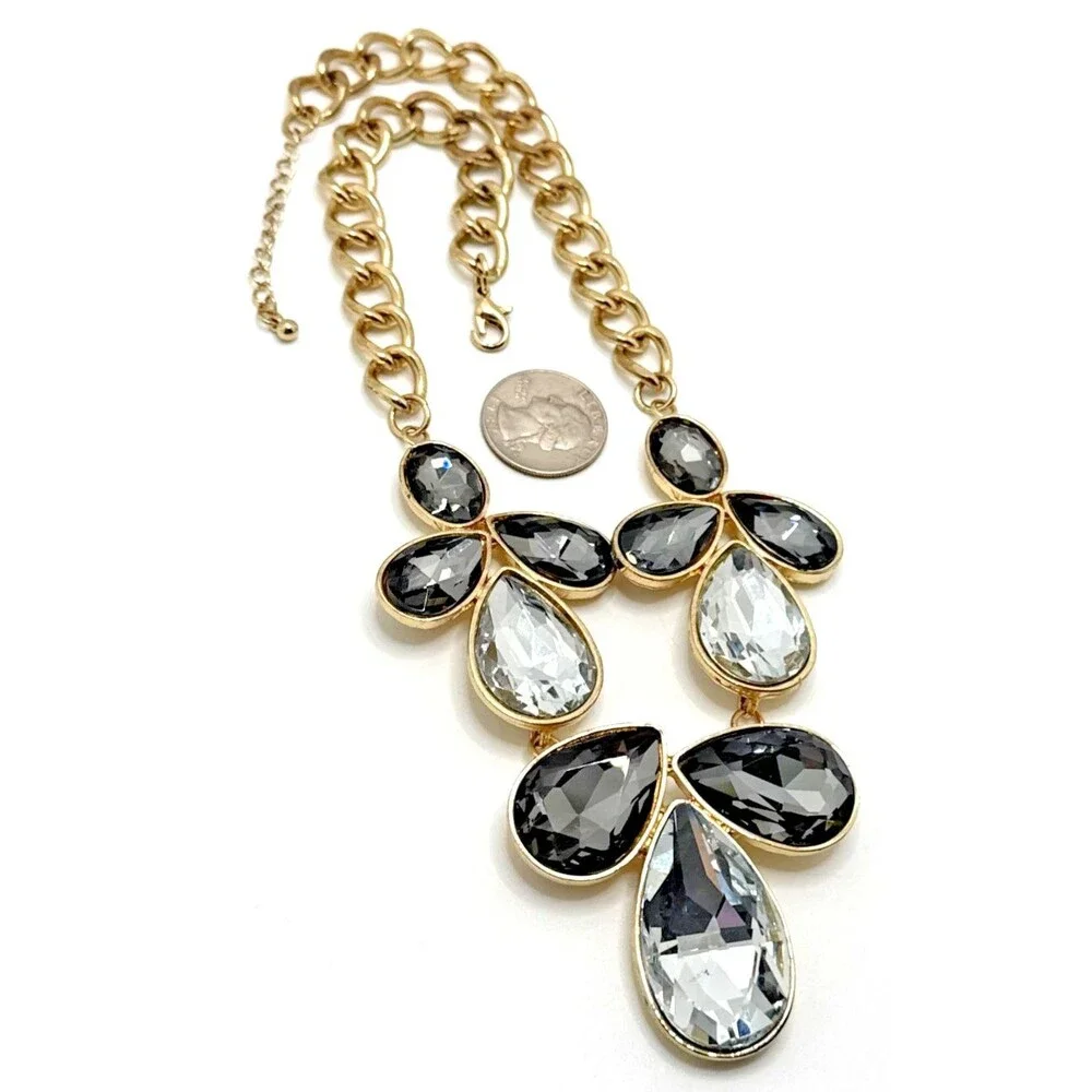 Rhinestone Bib Necklace Clear Smoky Faceted Floral Statement 18-20